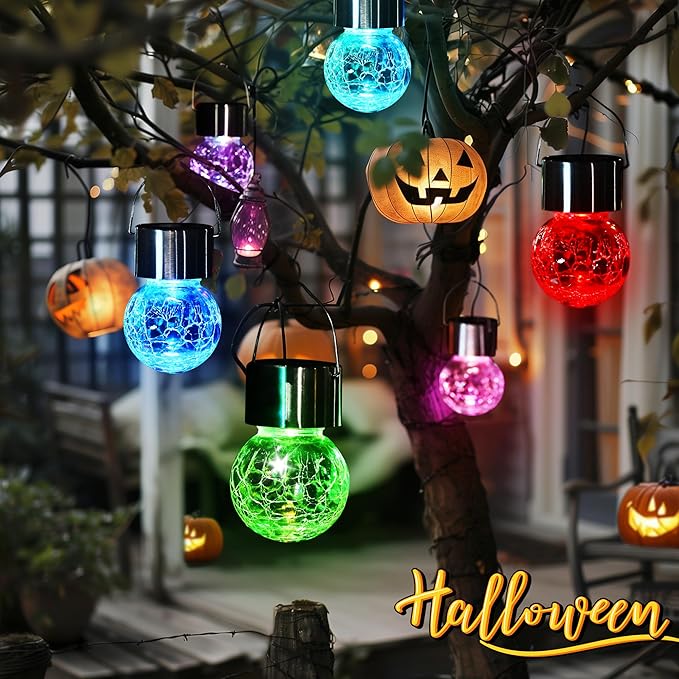 GIGALUMI 8 Pack Solar Hanging Lights, Christmas Decoration Lights with Multi-Color Changing Cracked Glass Hanging Ball Solar Outdoor Lights Waterproof Solar Lanterns for Garden, Yard, Patio, Lawn