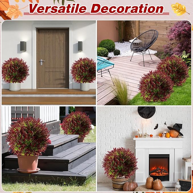 Yunlly 2 Pcs 18 Inch Artificial Boxwood Ball Topiary Tree Fake Outdoor Plants Bush, UV Resistance Faux Shrub with Spike Realistic Greenery Potted for Indoor Garden Yard Porch Patio Decor (Purple Red)