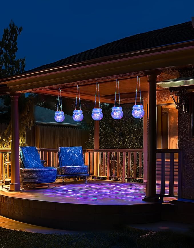 Solar Lantern Solar Lights Outdoor Waterproof 6-Pack, Solar Powered Hanging Lights Cracked Glass Hanging Globes for Christmas Decoration, Shepherd Hook, Garden Tree Ornaments,White Cap, Multi-Color