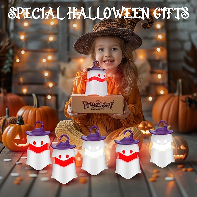 EverBrite 6-Pack Halloween Hanging Ghost Lights, Collapsible Ghost Camping Lantern, Two Color Changing, Indoor/Outdoor Halloween Spooky Party Decorations, Battery Included