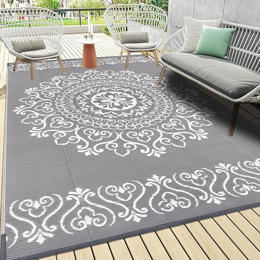 Pauwer Waterproof Outdoor Rug 6x9, Reversible Plastic Straw Patio Camping Rug, Indoor Outdoor RV Mat Carpet for Deck, Camper, Porch, Balcony, Backyard, Picnic, Floral Grey