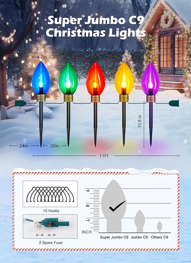 2 Pack Super Jumbo Christmas String Lights or Pathway Marker Lights, Outdoor Xmas Decorations- 11Ft 5 LED Jumbo C9 Hanging Lights Waterproof Lawn Dec for Holiday Home Tree Roof Yard Garden, Multicolor