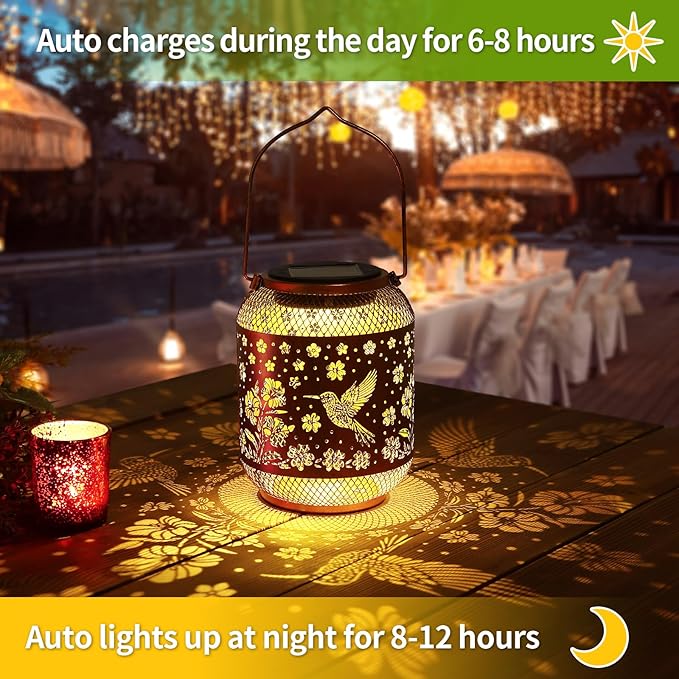Solar Lanterns Outdoor Waterproof Hummingbird Garden Decor Birthday Gifts for Women Mom Grandma Hanging Solar Lights Metal Decoration Outside for Yard, Patio, Backyard, Porch, Pathway
