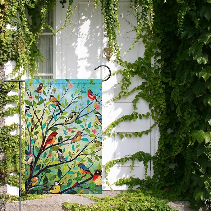 Louise Maelys Spring Welcome Garden Flag Bird Tree Double Sided 12x18 Inch Floral Small Burlap Holiday House Yard Outdoor Outside Home Decor