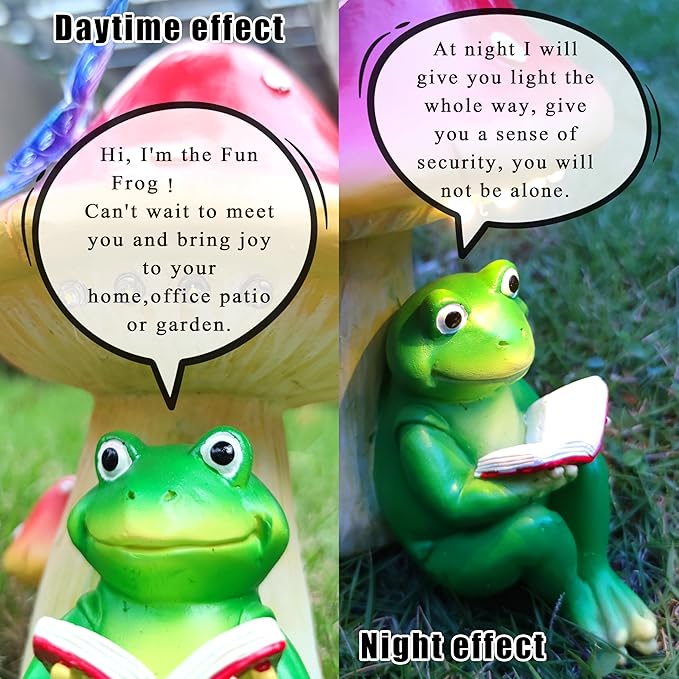Solar Frog Mushroom Garden Statues,Resin Frog Mushroom Reading a Book Figurine with LED Solar Lights, Lawn Decor Outdoor Statue for Patio,Balcony,Yard,Lawn Ornament