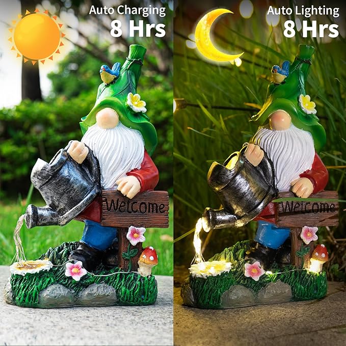mopha Garden Gnomes Statues Outdoor Decor with Watering Can Solar Lights Resin Figurines Outside Decoration for Patio Yard Lawn Porch Ornaments Clearance Gardening Gift