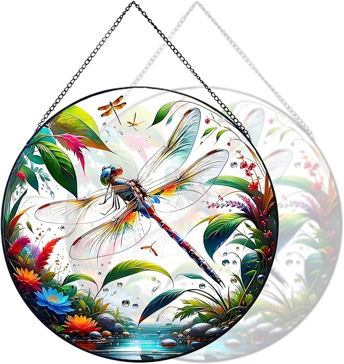 RIVEENY Stained Glass Window Hangings, 8" Stained Glass Decorations, Dragonfly Suncatcher for Indoor Garden Window Home Decor Dragonfly Gifts for Grandma,Mom