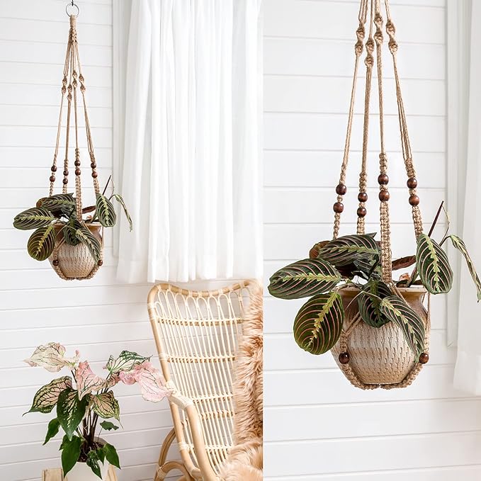 Mkono Macrame Plant Hanger Indoor Hanging Planter Basket with Wood Beads Decorative Flower Pot Holder No Tassels for Indoor Outdoor Boho Home Decor 35 Inch, Brown, Set of 3 (POTS NOT Included)