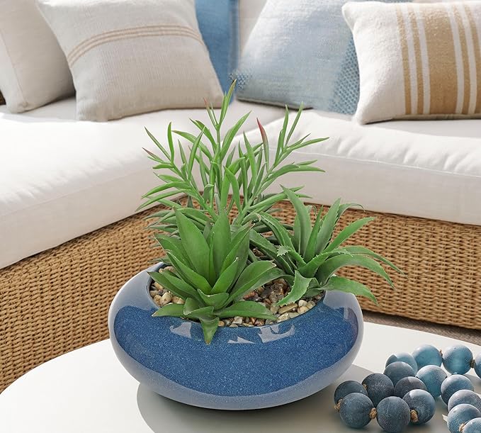 Hollyone Large Artificial Succulents Plants with Blue Vase Faux Succulents Fake Succulent Potted Plant in Ceramic Pot for Home Decor Office Desk Bathroom Living Room Indoor & Outdoor Decorations