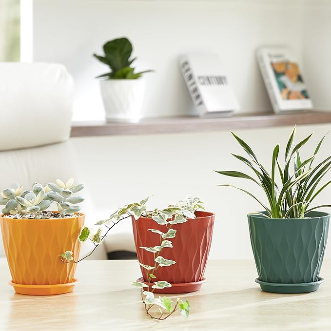 FaithLand 6-Pack 6-Inch Plastic Plant Pots with Saucers | Thickened PP Material, Modern Wave Texture, Enhanced Drainage for Indoor/Outdoor Garden Plants | Multicolor Value Set