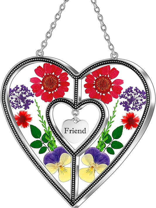KY&BOSAM Heart Suncatcher Friend Stained Glass Hangings for Windows Real Flower Glass & Metal Maker Sun Catchers Birthday Gifts for Frined Home Party Backyard Indoor Outdoor Decor Christmas Ornament