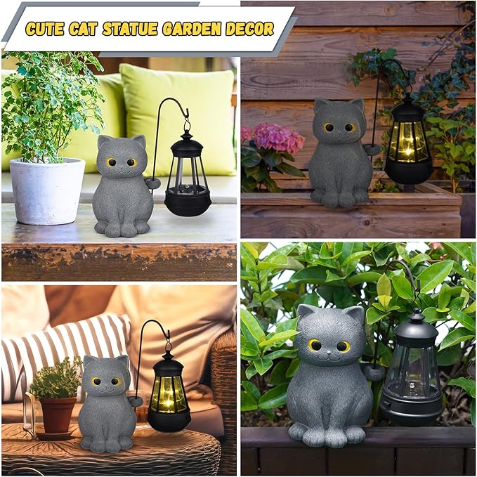 Solar Garden Statue Cat Figurine, Grey Cat Outdoor Statue Garden Decor with LED Light for Yard Patio Lawn Balcony Ornament, Home Decor Housewarming Gifts for Mom Grandma Dad