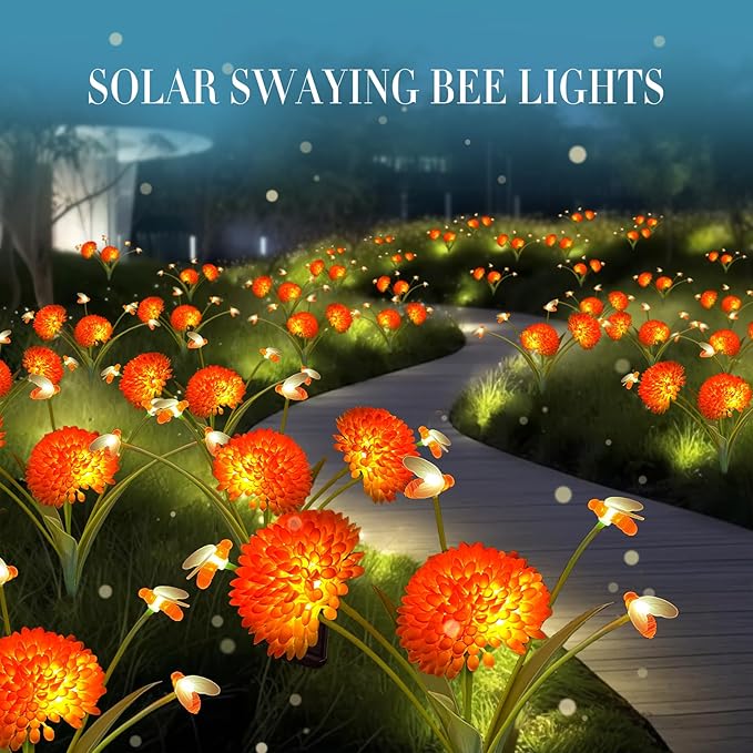 Solar Garden Lights, 4 Pack Swaying Bee Lights With Flowers, Waterproof Firefly Lights Outdoor for Garden Patio Yard Pathway Fall Decoration, Gifts for Women Mother's Day