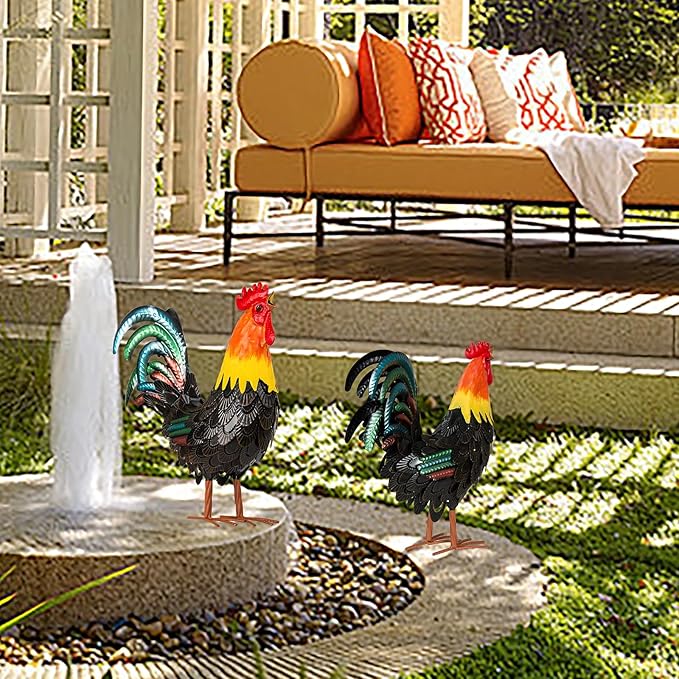 XONOR Metal Rooster Statues, Garden Chicken Decorations, Outdoor Chicken Sculpture, Metal Yard Rooster Artwork for Outdoor, Patio, Backyard and Home Kitchen Decoration (1pc, Dark Brown)