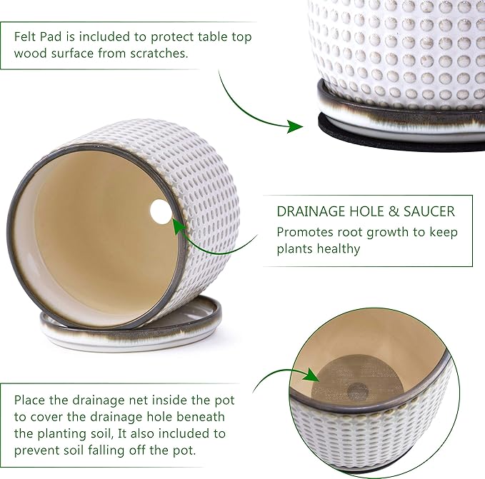 D'vine Dev 6 Inch Ceramic Beaded Stoneware Planter Pot - Flower Pot with Drainage Holes and Saucers for Indoor Succulent Plants or Flowers, Smoked White, 27-C-X-1