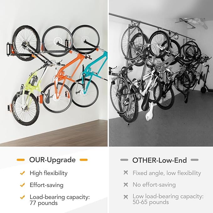 Swivel Bike Rack Wall Mount, Bike Hangers for Garage, Space-Saving Vertical Bike Holder, Holds up to 77 lbs, Bicycle Wall Hanger Storage, No Heavy Lifting Required Indoor Hanging Bike Rack-Orange