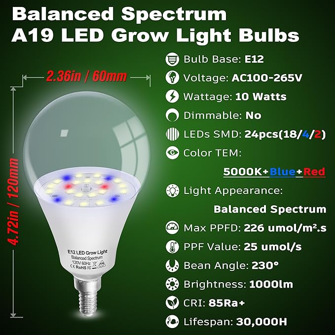 Grow Light Bulbs E12 Candelabra Small Screw Base for Indoor Plants Full Spectrum,Grow LED Light Bulb 10W with Balanced Spectrum 5000K Blue Red for Seeds Greens Laboratory,School,Greenhouse Garden,6Pcs