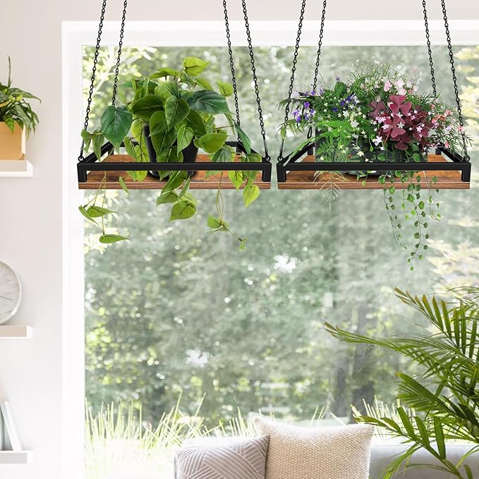 Plant Hanger Indoor, 2 Pack 16" Wooden Hanging Plant Holder with Metal Frame Large Hanging Planter for Indoor Plants Load 50LB Hanging Plant Shelf with 27.6" Long Chain, Ideal for Heavier Pots