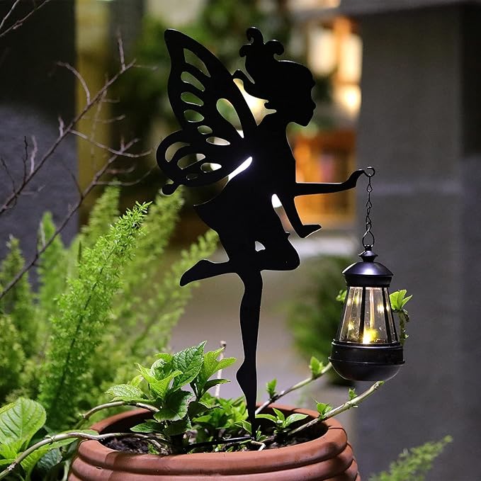 Solar Fairy Garden Decor – YUNJACKEYDZ 2 Pack Metal Fairy Hanging Lantern Solar Outdoor Garden Decoration Silhouette Light Stake Garden Decorative Stake Ornaments for Lawn,Patio or Courtyard,Gifts
