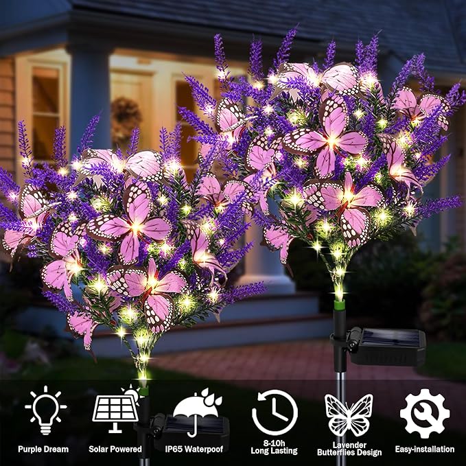 Solar Garden Lights Outdoor, 4 Pack Purple Lavender Solar Butterfly Lights Gardening Gifts for Women, Solar Artificial Flower with Butterfly Purple Garden Decor for Lawn Patio-Warm White