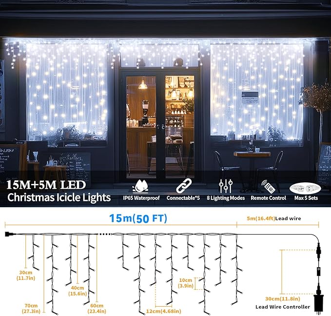 XZAI 800LED 50FT, Icicle String Lights, Plug-in, Cool White, Christmas Party Decors, Connectable, Memory, Remote, 8 Modes, Timer, Dimmable, IP65 Waterproof, Hanging Light for Outdoor & Indoor Use