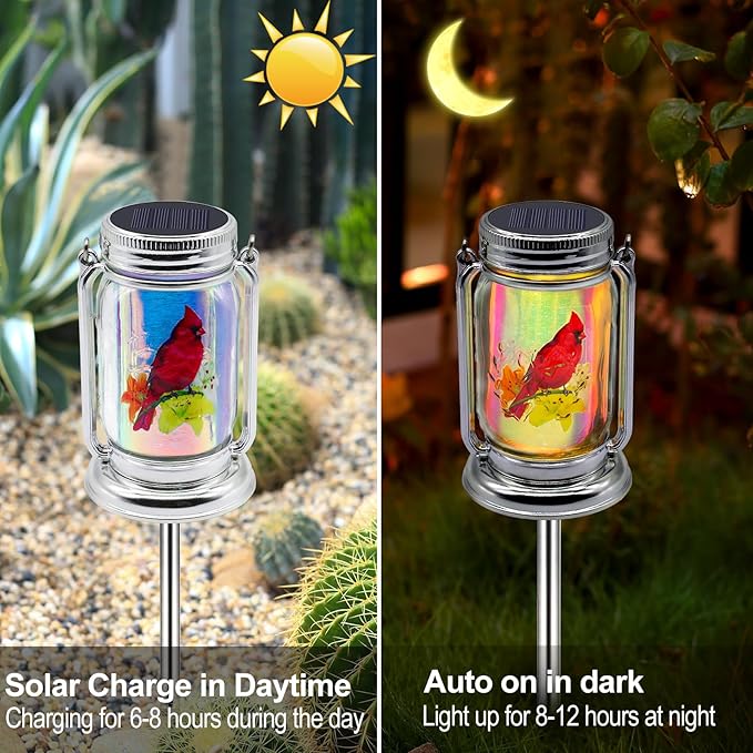 Outdoor Solar Cardinal Lantern-2 Pack Garden Hanging Red Bird Lanterns, Gifts for Mom Women Grandma,Silver Glass Mason Jars,Waterproof LED Decorative Lights for Patio Table Garden Pathway Yard