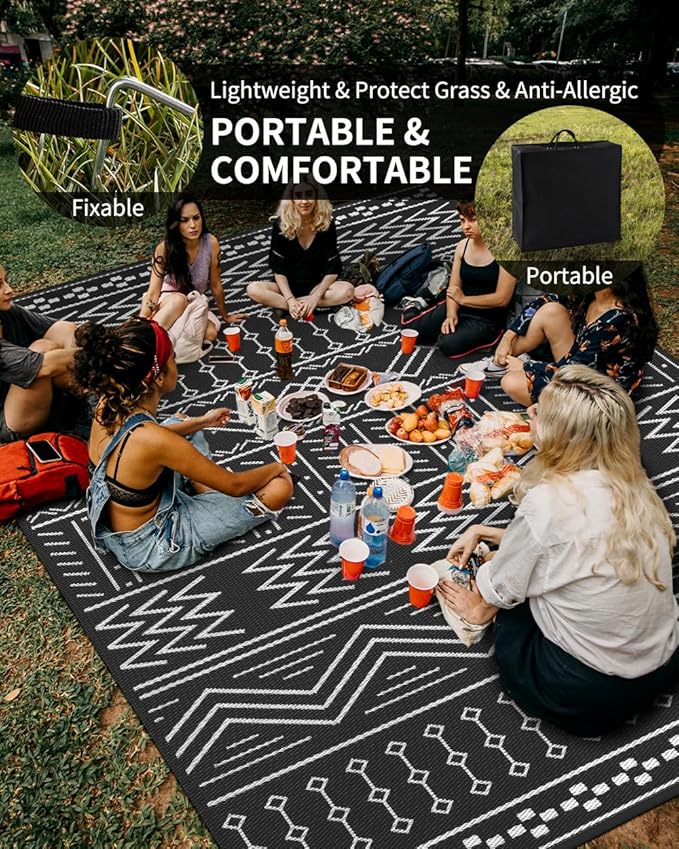 Outdoor Rug Carpet Waterproof 8x10 ft Patio Rug Mat Indoor Outdoor Area Rug for RV Camping Picnic Reversible Lightweight Plastic Straw Outside Rug for Patio Decor Decoration Boho Rug Black White