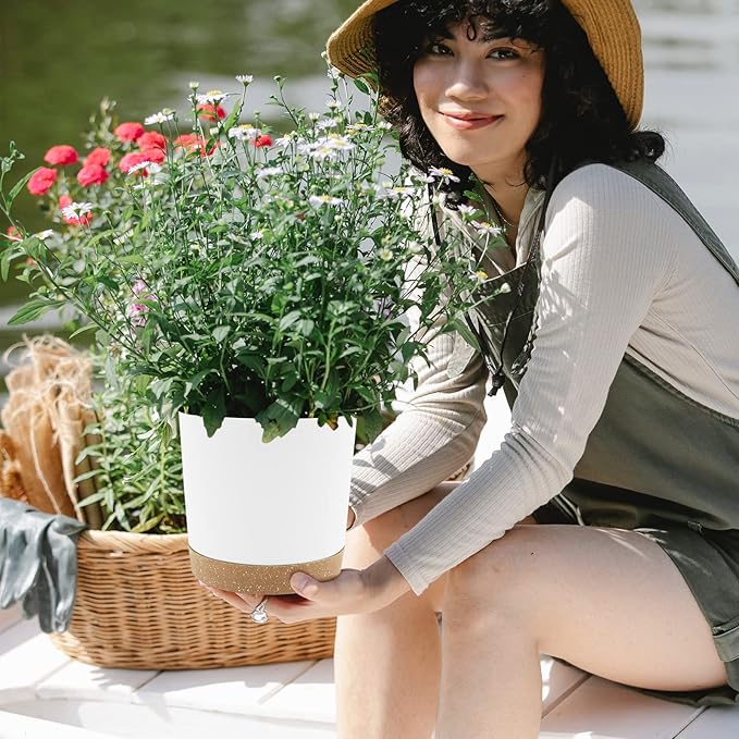 QCQHDU 8 inch Plant Pot, 2 Pack Planters for Indoor Plants with Drainage Holes & Saucer, Outdoor Flower Pots Home Garden Modern Decor