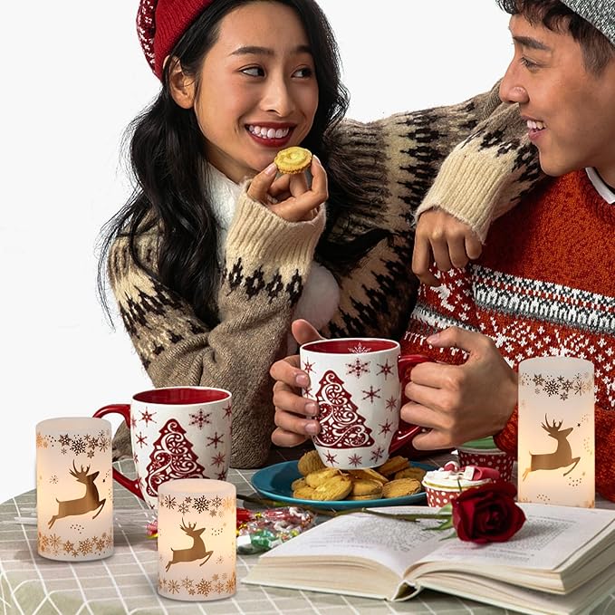 KunSween Christmas Flameless Candles with 6H Timer, 3 Pack LED Flickering Candles with Gold Deer Decals and Real Wax, Christmas Winter Decorations for Home Indoor Table Centerpieces