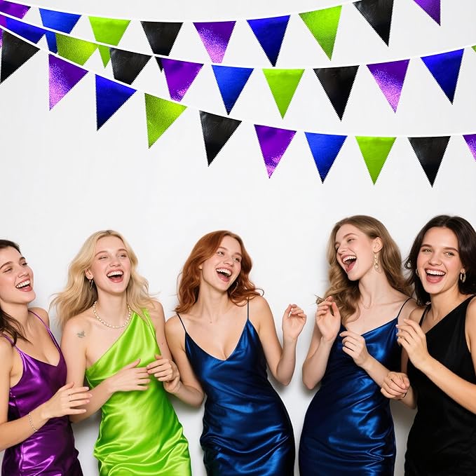 Video Game Party Decorations Black Blue Green Purple Metallic Fabric Triangle Pennant Banner Flag Bunting for Men Boys Birthday Graduations Retirement Wedding Bachelorette Video Game Party Supplies