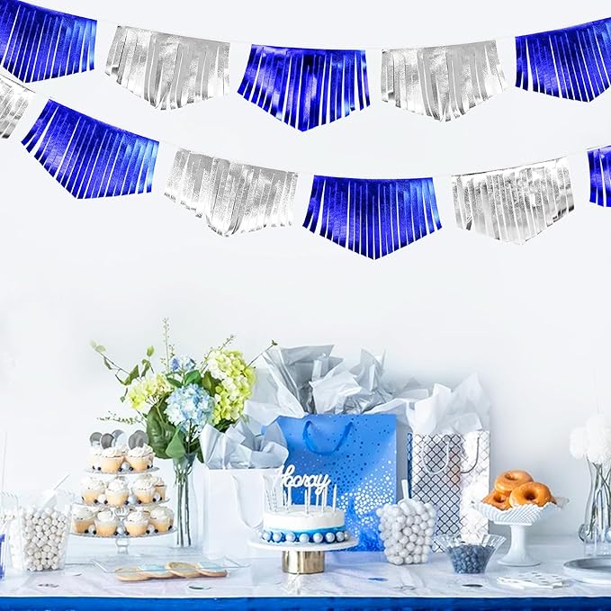 Royal Blue Silver Tassel Banner Metallic Fabric Pennant Bunting Flag for Graduation Birthday Retirement Bachelorette Engagement Wedding Bridal Shower Navy Nautical Ahoy Achor Party Decoration Supplies