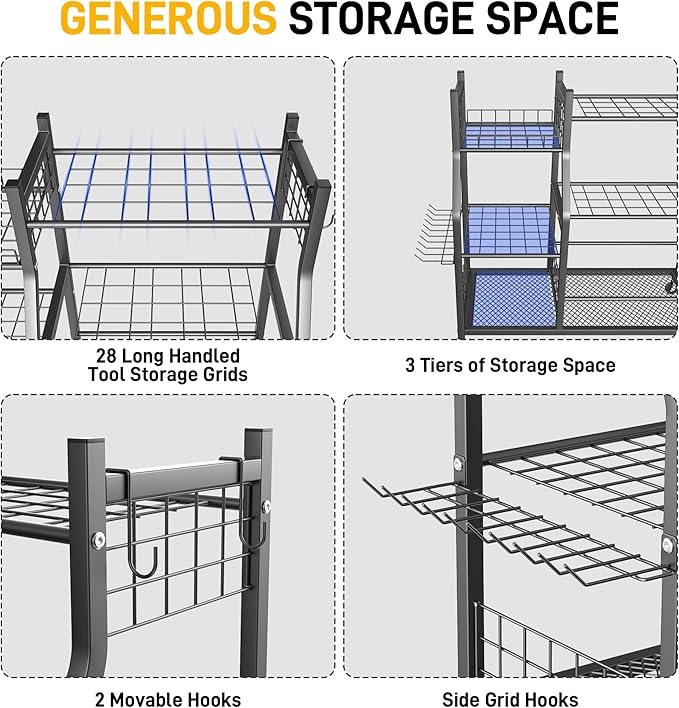 Ultrawall Garden Tool Organizer, Yard Tool Storage Rack for Garage Organization with Lockable Wheels, Garden Tool Stand for Rake, Brooms, Indoor & Outdoor Use