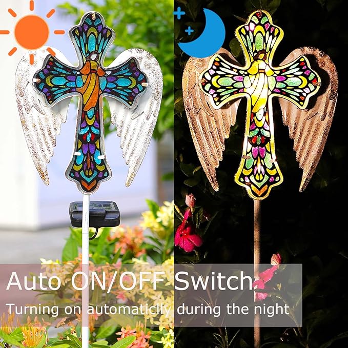 TEDOF Solar Glass Cross Stake Lights Outdoor Garden Lights,Cemetery Decorations for Grave,Jesus Cross Angel Wings Memorial Gifts for Mom,Yard Lawn Garden Patio Christmas Decor