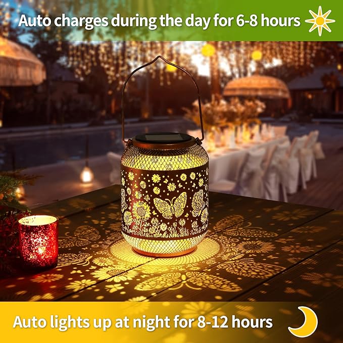 Solar Lanterns Outdoor Waterproof Butterfly Garden Decor Birthday Gifts for Women Mom Grandma Hanging Solar Lights Metal Decoration Outside for Yard, Patio, Backyard, Porch, Pathway