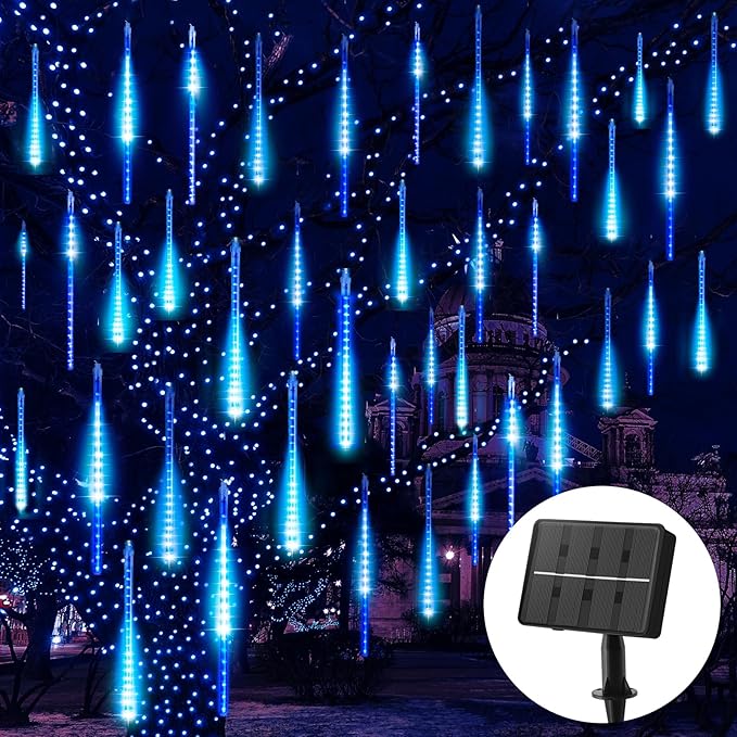 Solar Meteor Shower Lights Outdoor - 576 LED Rain Drop Lights with 16 Tubes, 16 Inches - Solar Powered Christmas Decorations for Tree Bushes Holiday Party Christmas Decor, Blue