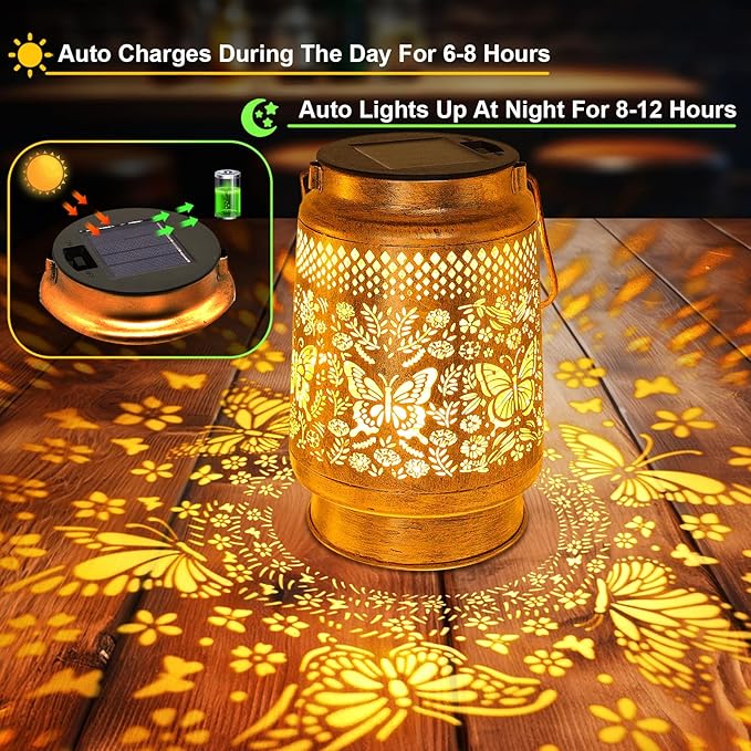 Solar Lanterns Outdoor Garden Decor Butterfly Hanging Lantern Lights, Birthday Gifts for Women Mom Grandma Waterproof Metal Solar Lights LED Decoration with Shepherd Hook for Garden Yard Patio Porch