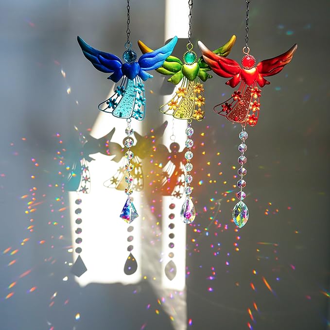 Set of 3 Guardian Angel Suncatchers, Crystal Angel Sun Catcher for Windows Hanging, Stained Glass Angel Ornament for Outdoor Christmas Decor