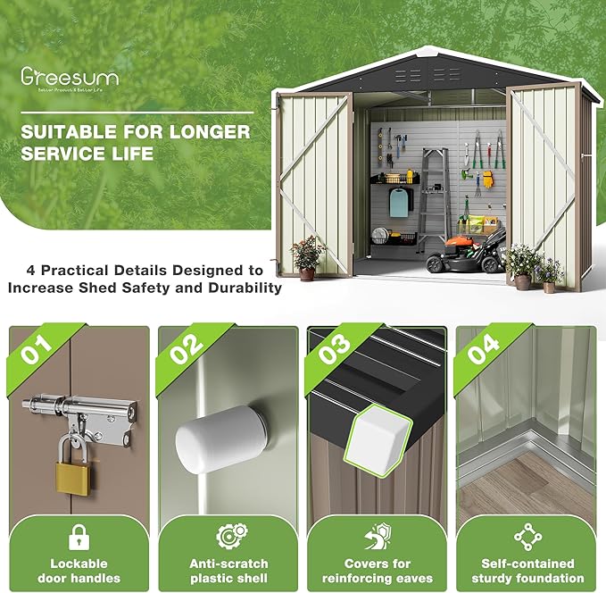 Greesum Outdoor Storage Shed 6 x 8 ft. Utility Tool Shed Metal Storage Garden Shed with Door & Lock for Patio Storage, Brown