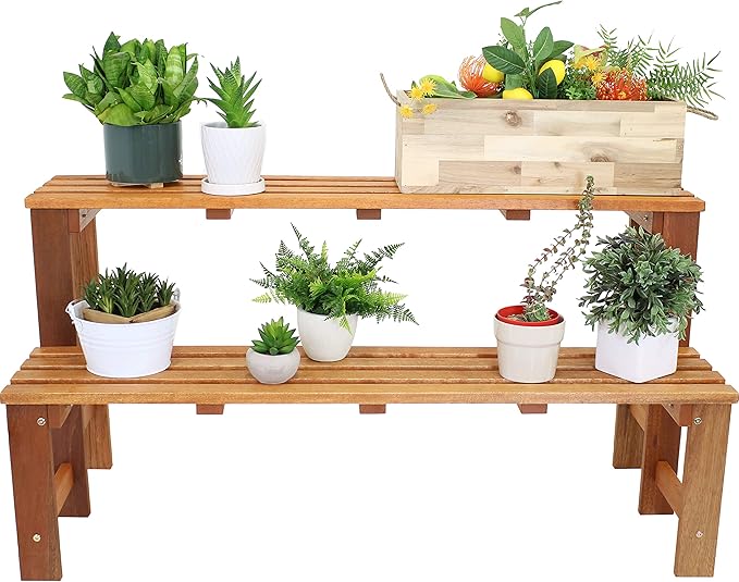 Sunnydaze 2-Tier Meranti Outdoor Wood Plant Stand - Indoor Plant Bench with Teak Oil Finish - 24-Inch