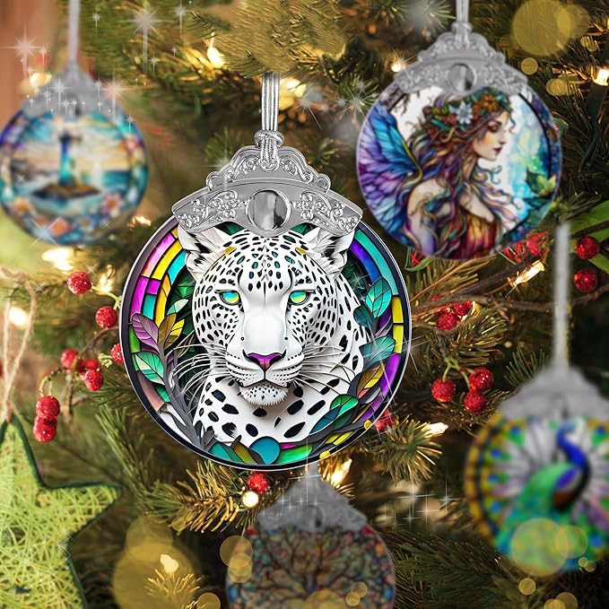 Stained Glass Suncatcher, Jocidea Leopard Ornament, Christmas Ornaments, Holidays Ornaments, Christmas Tree Decor, Leopard Decor for Home, Leopard Gifts