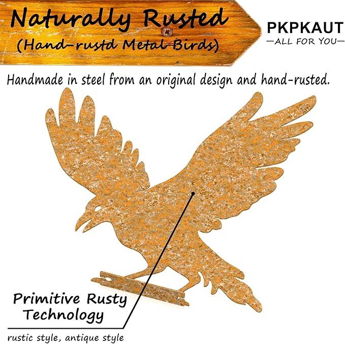 5Pcs Rusty Birds Metal Art Crow for Fence Decorations Outdoor, Metal Birds Craft Statue Ornaments Fence Topper Decor, Metal Bird Silhouette with Rusty Yard Art