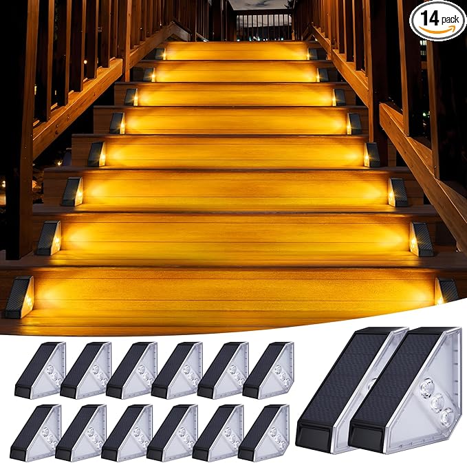 KINKAI Solar Stair Lights for Outside, 14 Pack Outdoor Step Light Waterproof LED Triangle Deck Lighting for Garden, Patio, Yard, Front Door, Porch Decor (Warm Light)