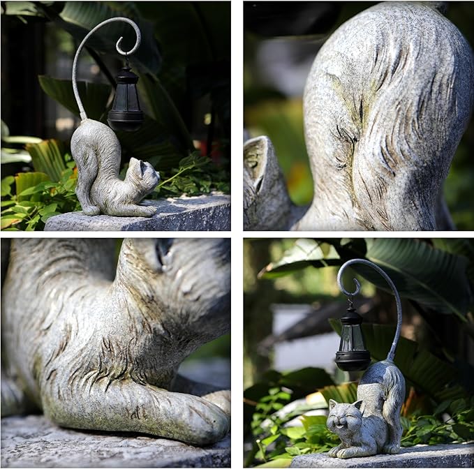 Laughing Cat Figurine with Solar-Powered LED Light, 15.7 Inches Tall Marble, Perfect for Gift Garden Decor or Housewarming for Cat Lovers.