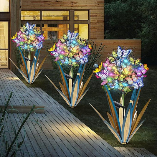 Homight Solar Metal Agave Butterfly Flower Stick Garden Sculpture Outdoor Gift Solar Garden Christmas Lights Swaying Butterfly Sunflower Garden Lights Solar Outdoor (3 PCS Blue)