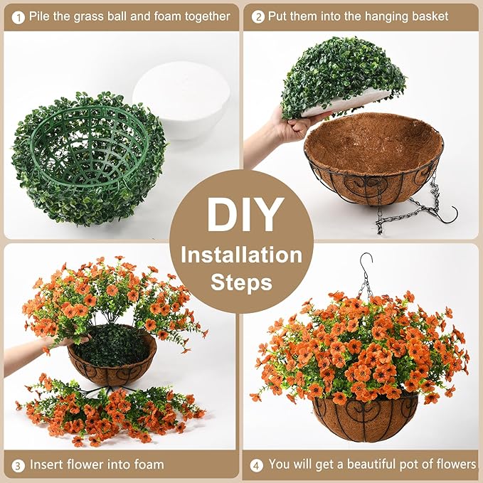 Artificial Faux Hanging Plants Flowers Basket Outdoor Indoor Patio Lawn Garden Spring Decor, Fake Silk Daisy in Basket with 12inch Coconut Lining Chain Palm Flowerpot(Orange)