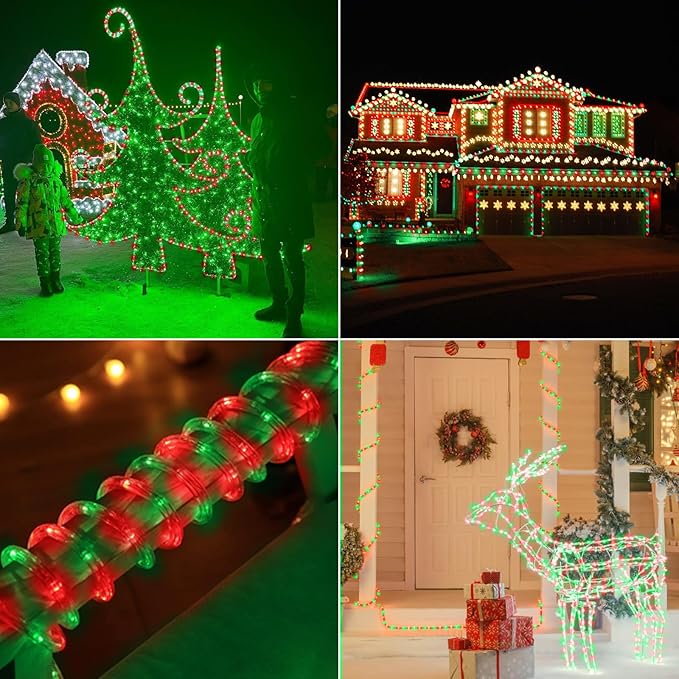 50ft LED Rope Lights Outdoor, 360 LED Connectable and Flexible Tube Lights with 8 Modes, Waterproof LED Rope Lighting for Garden Patio Pool Bedroom PartyIndoor Outdoor Christmas Decor (Red & Green)