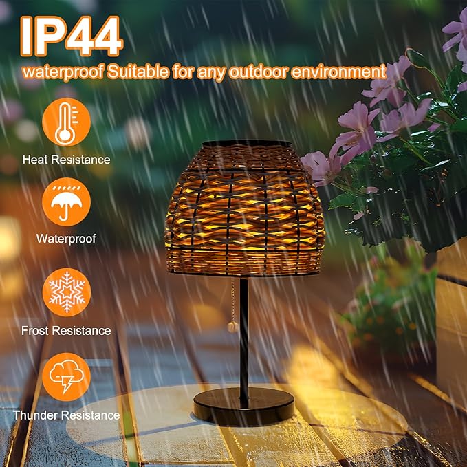 Outdoor Solar Table Lamp,3 Color Temperatures Bedside Lamps with USB-C Ports,Boho Desk Lamps Pull Chain Table Lamps with Black Metal Base for Garden,Yard,Patio,Lawn Outdoor Decor