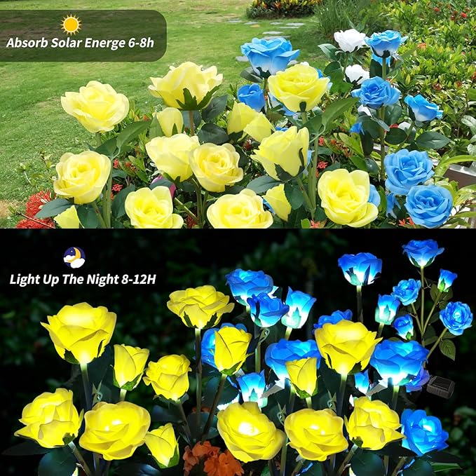 Solar Garden Lights - Realistic 20 Rose Waterproof Solar Flowers for Outside Patio Yard Pathway & Christmas Decorations, Blue & Yellow