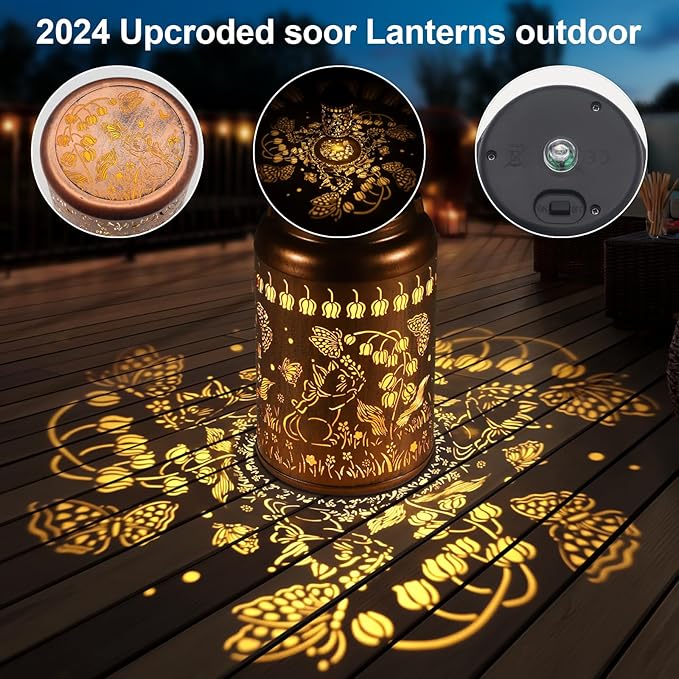 Solar Lantern Outdoor Hanging Lights Birthday Gifts for Women Mom and Grandma Cat and Butterfly Metal Garden Decor Outdoor Waterproof LED Solar Lanterns for Patio, Yard, Pathway,Landscape