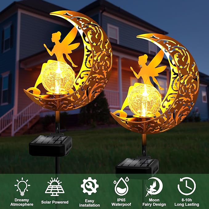 ZNYCYE Fairy Garden Lights,Decorative Solar Stake Crackle Glass Globe with Moon Fairy Decor, Pathway Stake Lights Waterproof for Walkway, Yard, Lawn, Patio or Courtyard (2 Pack)